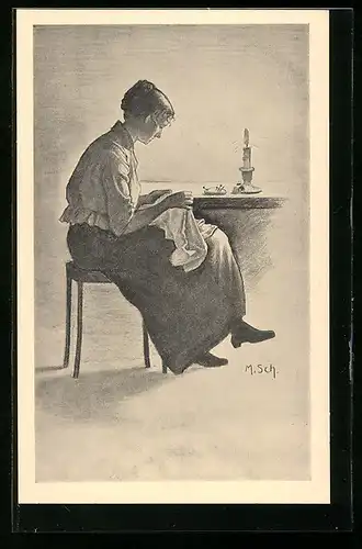 Künstler-AK Oerlikon, Junge Frau bei der Handarbeit, Gemeinnütziger Verein, Verkaufstag 1917