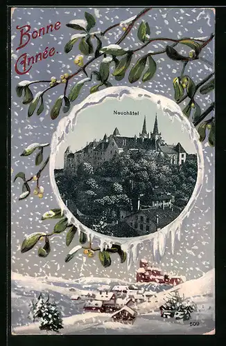 AK Neuchâtel, Schlossblick mit winterlicher Landschaft