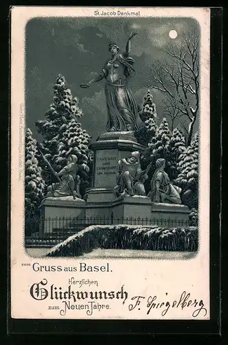Lithographie Basel, St. Jacob Denkmal bei Nacht