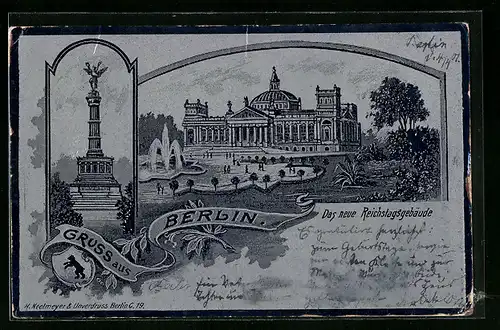 Metallfolie-AK Berlin, Reichstagsgebäude u. Siegessäule
