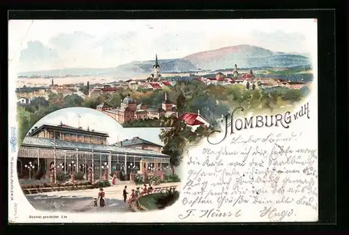 Lithographie Homburg v. d. H., Kureinrichtungen, Panoramablick auf den Ort