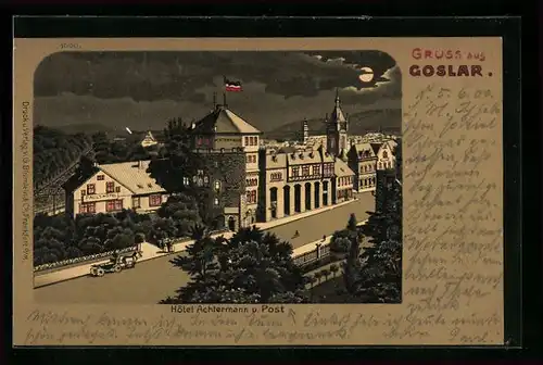 Lithographie Goslar, Hotel Achtermann und Post