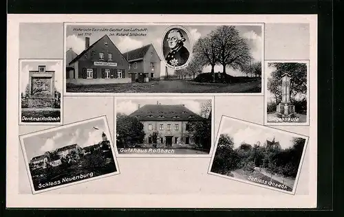 AK Stadtroda, Gasthof zum Luftschiff, Gutshaus, Denkmal, Siegessäule, Schloss Neuenburg u. Goseck