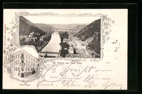 AK Bad Ems, Hotel Royal und Ortsansicht aus der Vogelschau