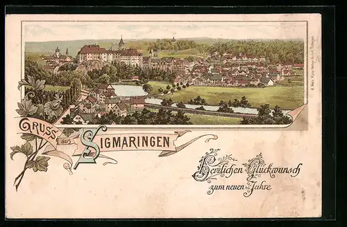 Lithographie Sigmaringen, Totalansicht des Ortes