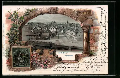 Passepartout-Lithographie Ansbach, Strassenpartie im Ort, Wappen