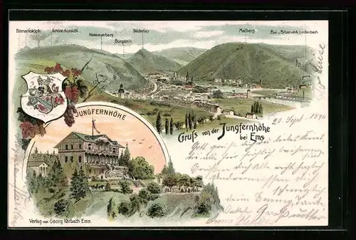 Lithographie Bad Ems, Gasthaus zur Jungfernhöhe, Panorama