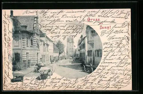 AK Isny, Strassenpartie mit Transportkarren