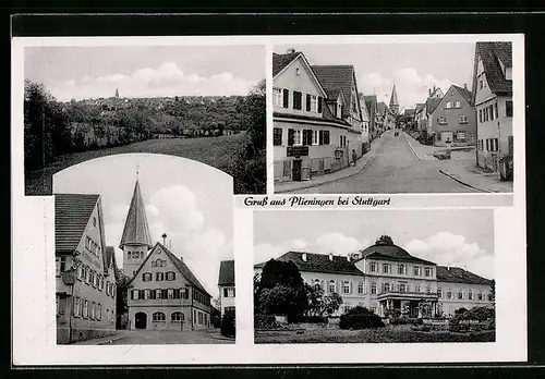 AK Plieningen b. Stuttgart, Kirche, Panorama, Strassenpartie