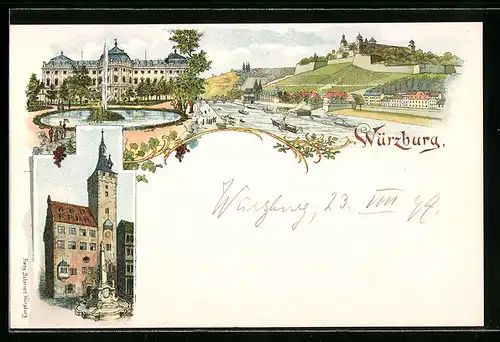 Lithographie Würzburg, Panorama mit Schloss und Flusslauf