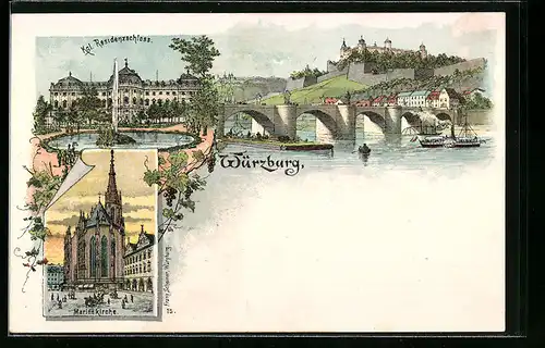 Lithographie Würzburg, Kgl. Residenzschloss und Marienkirche