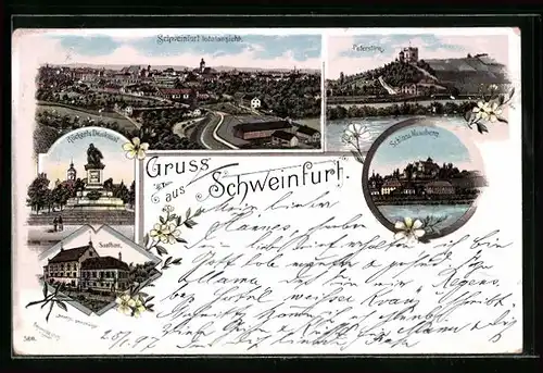 Lithographie Schweinfurt, Rückerts Denkmal, Saalbau und Schloss Meinberg