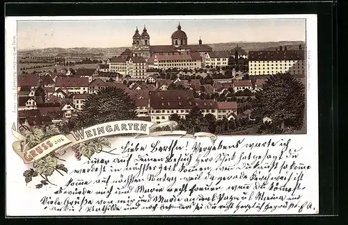 Lithographie Weingarten, Ortsansicht aus der Vogelschau