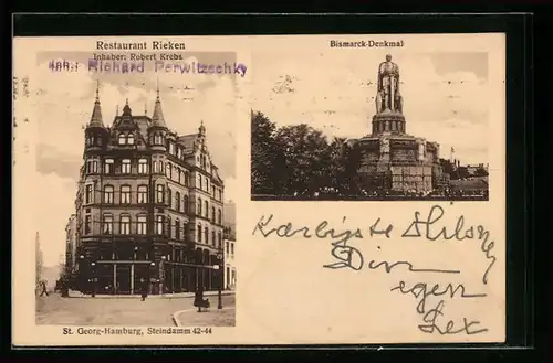 AK Hamburg-St. Georg, Restaurant Rieken, Inh. Robert Krebs, Steindamm 42-44, Bismarck-Denkmal