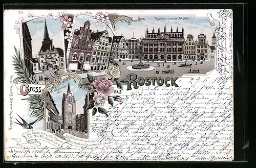 Lithographie Rostock, Rathaus und neuer Markt, Steintor, Alte Giebelhäuser