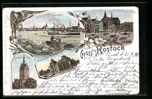 Lithographie Rostock, Marktplatz, Fähre, Stadttheater