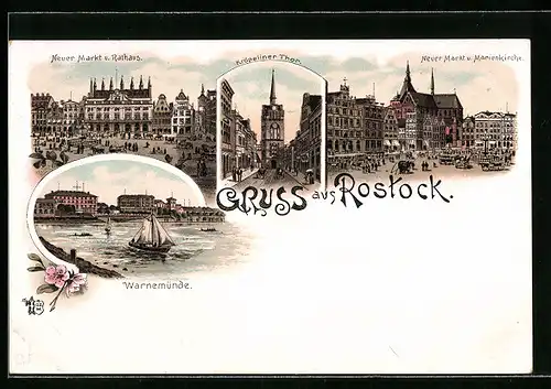 Lithographie Rostock, Neuer Markt u. Marienkirche, Warnemünde und Kröpeliner Tor