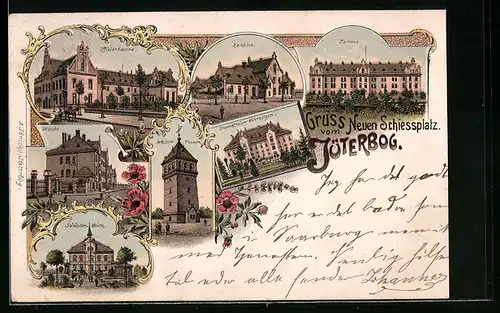Lithographie Jüterbog, Offizierkasino, Kaserne und Wasserthurm