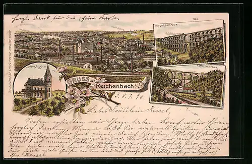 Lithographie Reichenbach i. V., Gesamtansicht, Schöne Aussicht, Göltzschthalbrücke und Elsterthalbrücke