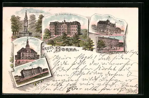 Lithographie Borna, Siegesdenkmal, Kgl. Schullehrer-Seminar, Post