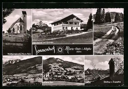 AK Maria-Rain /Allg., Cafe-Pension Sonnenhof, Kirche, Ortsansicht, Nesselwang