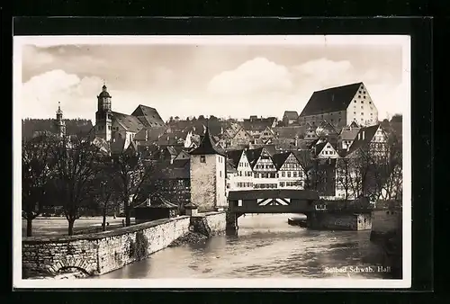 AK Schwäb. Hall, Ortsansicht mit Mauer und Turm