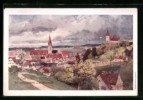 AK Kempten, Ortsansicht mit St. Mangkirche u. Burghalde