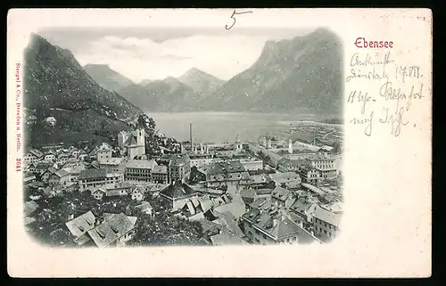 Relief-AK Ebensee, Panorama mit See und den Bergen