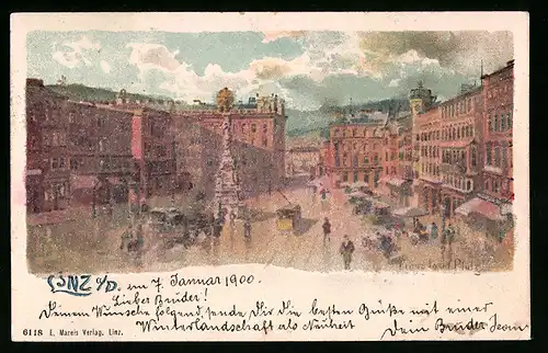 Glitzer-Perl-AK Linz a. D., Blick in die Stadtmitte, Strassenbahn, mit Glitzer-Perlen