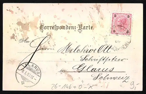 Glitzer-Perl-AK Linz a. D., Blick in die Stadtmitte, Strassenbahn, mit Glitzer-Perlen