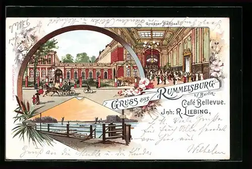 Lithographie Rummelsburg b. Berlin, Cafe Bellevue von R. Liebing