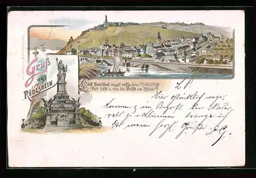 Vorläufer-Lithographie Rüdesheim, 1894, Ortsansicht, National-Denkmal auf dem Niederwald