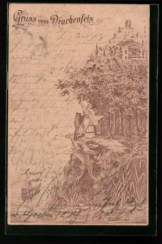 Vorläufer-Lithographie Drachenfels, 1894, Restaurant und Ruine, Sieg über den Drachen