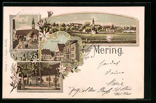 Lithographie Mering, Gasthaus Sommer-Keller, Marktplatz, Kirche
