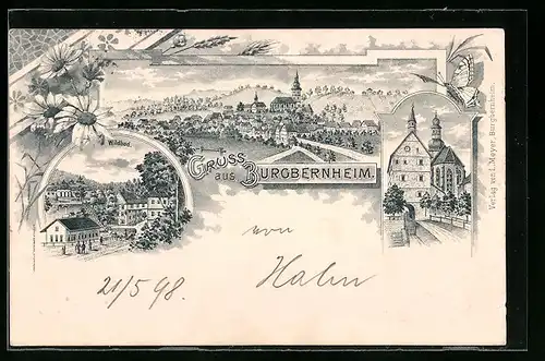 Lithographie Burgbernheim, Wildbad, Kirche, Ortsansicht, Schmetterling