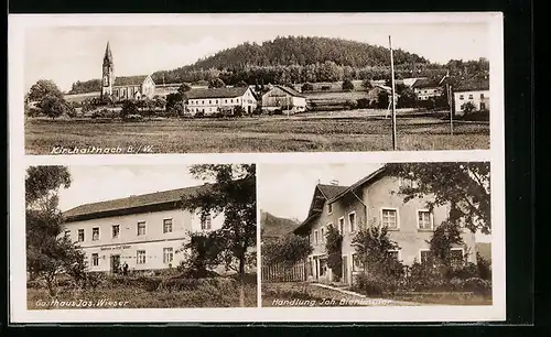 AK Kirchaitnach, Gasthaus J. Wieser, Handlung J. Biehlmeier, Panorama mit Kirche
