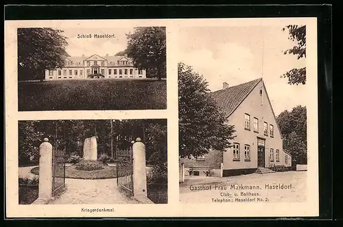 AK Haseldorf, Gasthof Frau Markmann, Schloss, Kriegerdenkmal