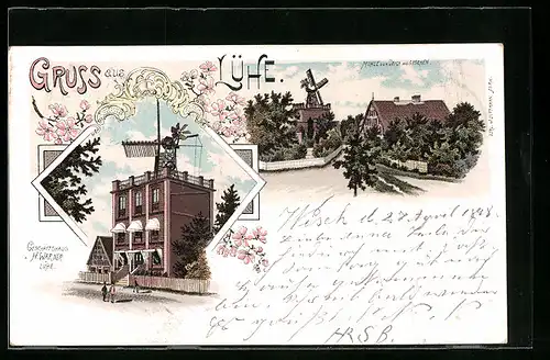 Lithographie Lühe, Geschäftshaus H. Warner, Mühle vom Deich aus gesehen