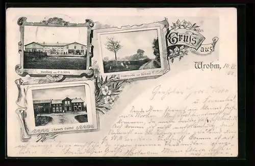 Passepartout-AK Wrohm, Handlung C. O. Hölck, Gasthof J. Kaiser, Friedenseiche mit Denkmal