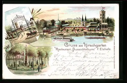 Lithographie Berlin-Hirschgarten, Restaurant Aussichtsturm F. Elsholz mit Dampfer und Ruderboot, Floraplatz