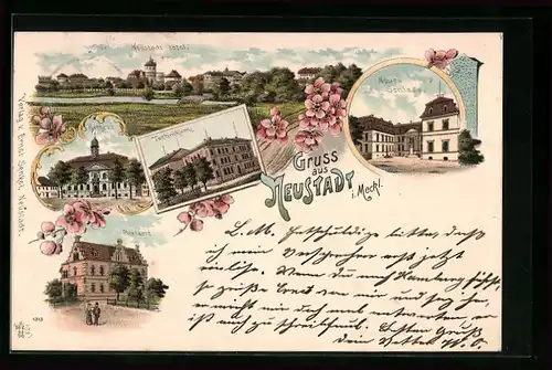 Lithographie Neustadt i. Meckl., Neues Schloss, Technikum, Ortspanorama