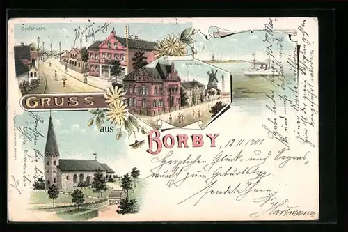 Lithographie Borby, Dorfstrasse, Kreishaus, Kriegsschiff