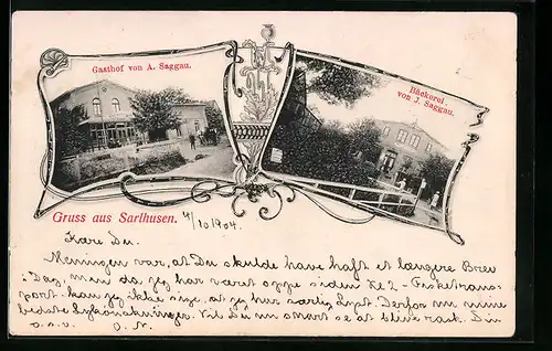 Passepartout-AK Sarlhusen, Gasthof A. Saggau, Bäckerei J. Saggau, Strassenansichten