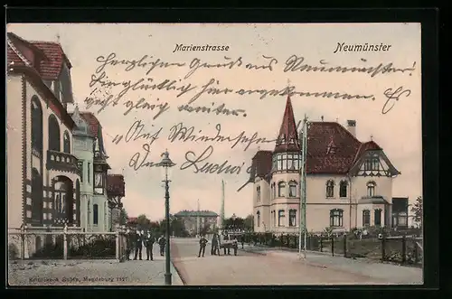 AK Neumünster, Marienstrasse mit Villen und spitzen Türmen