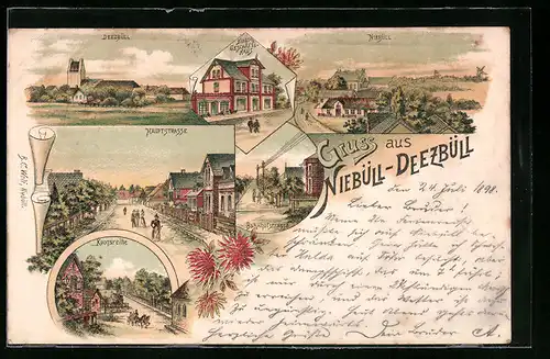 Lithographie Niebüll-Deezbüll, Ortsansichten, Hauptstrasse, Koogsreihe