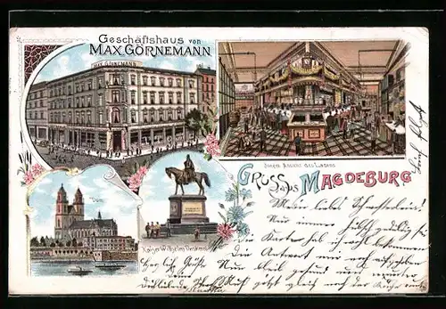 Lithographie Magdeburg, Geschäftshaus von Max Görnemann, Innenansicht des Ladens, Kaiser Wilhelm-Denkmal