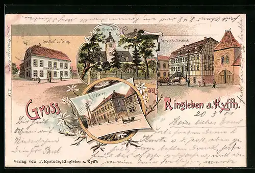 Lithographie Ringleben a. Kyffh., Gasthof zum Ring, Gemeinde-Gasthof, Kirche