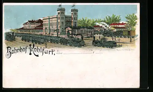 Lithographie Kohlfurt, Dampf-Loks im Bahnhof
