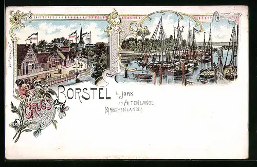 Lithographie Borstel b. Jork, Hafenpartie mit Reichsflagge