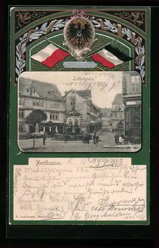Passepartout-Lithographie Nordhausen, Lutherplatz mit Wappen und Reichsflagge